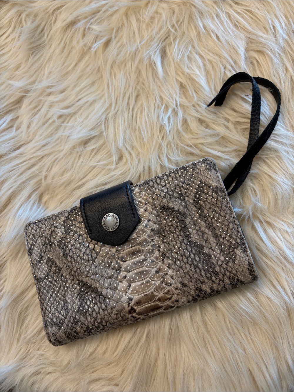 Aimee Kestenberg Gray Snake-Print Leather Wristlet with Black Snap and Strap